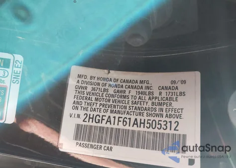 2010 Honda Civic Lx-S из США, поврежденный, VIN 2HGFA1F61AH505312